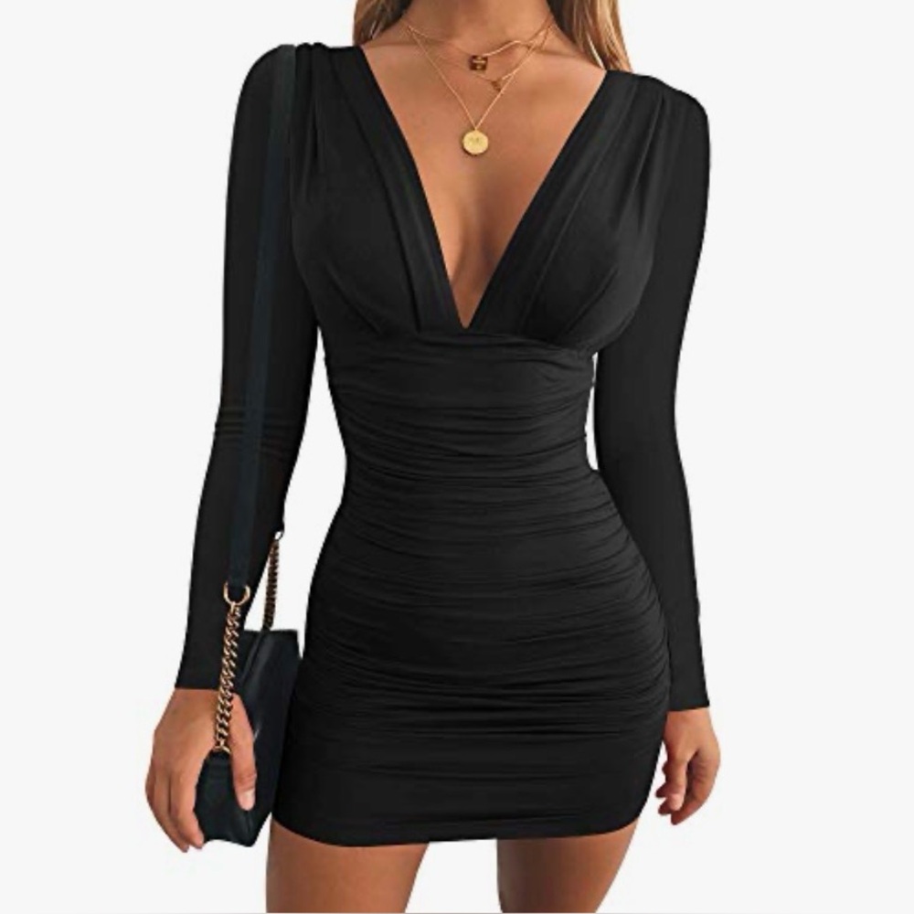 Black Sexy Long Sleeve V Neck Ruched Bodycon Mini Party Cocktail Dress